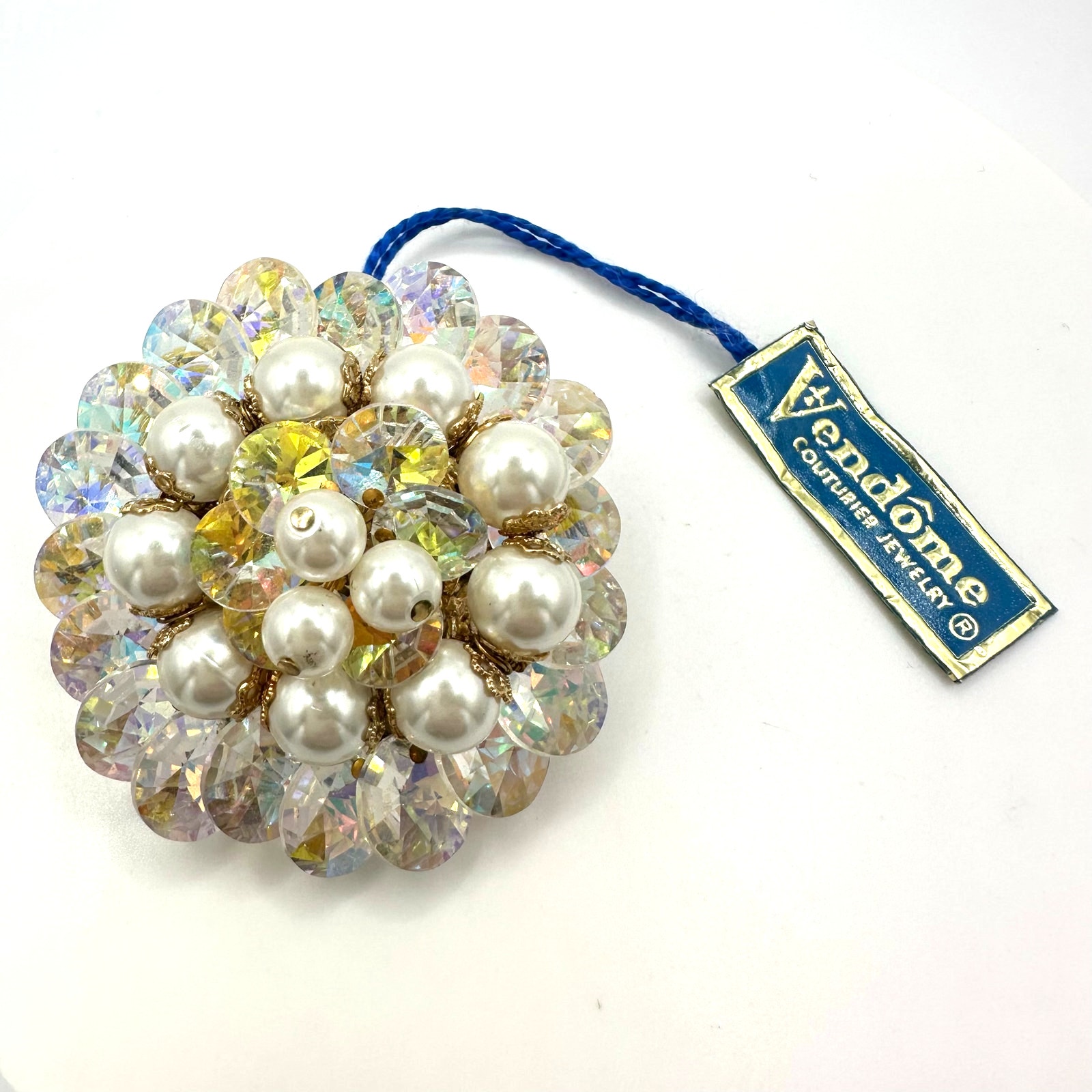 Nwt Vendome Ab Aurora Borealis Glass Beads Beaded Rivolis Faux Pearls Brooch